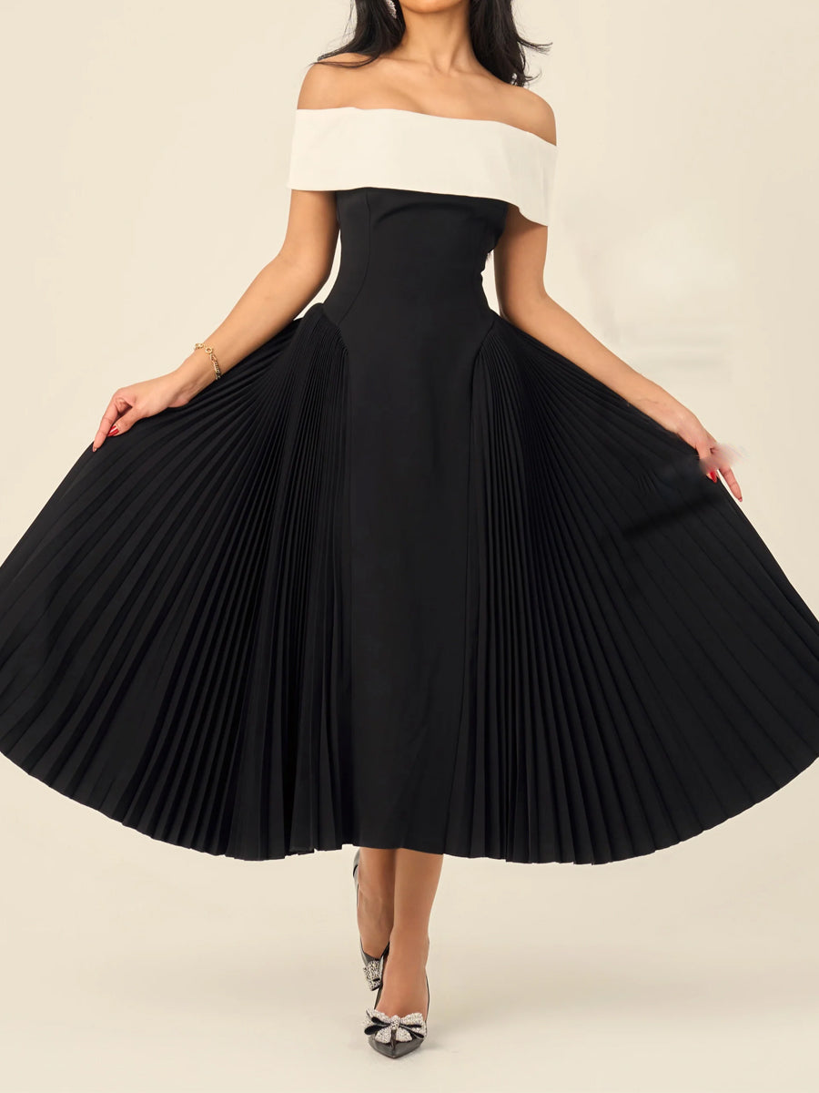 Off Shoulder Patchwork Pleated Dress