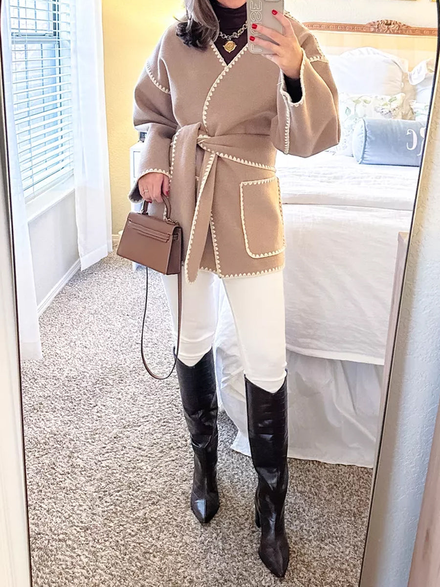 V Neck Lace Up Oversized Winter Wool Cardigan