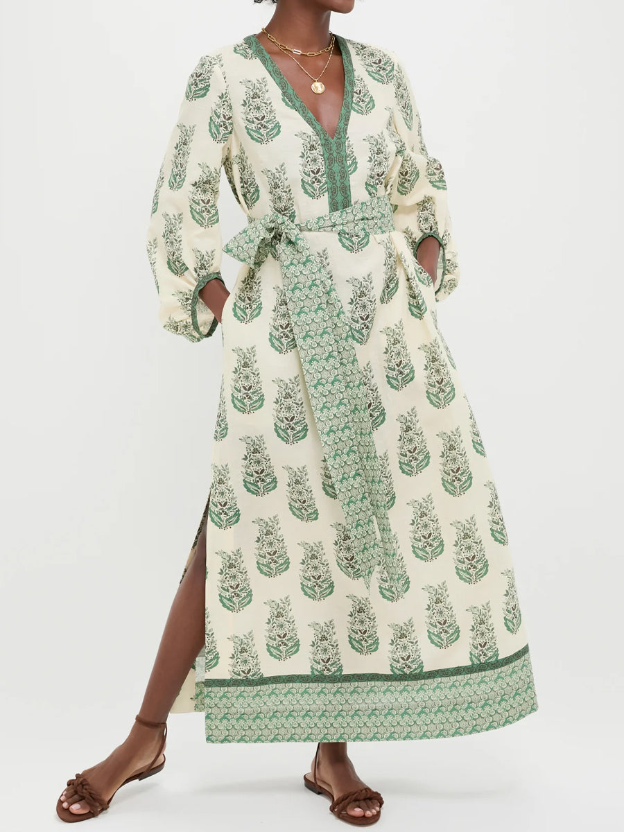Printed V Neck Balloon Sleeves Dress