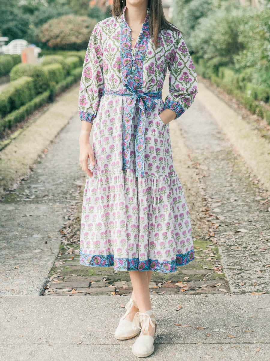Printed Three-quarter Sleeve Button Up Dress