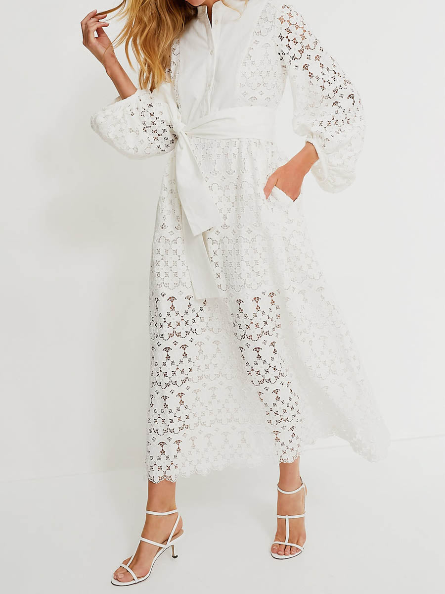 Lace Patchwork Puff Sleeve Belted Maxi Dress