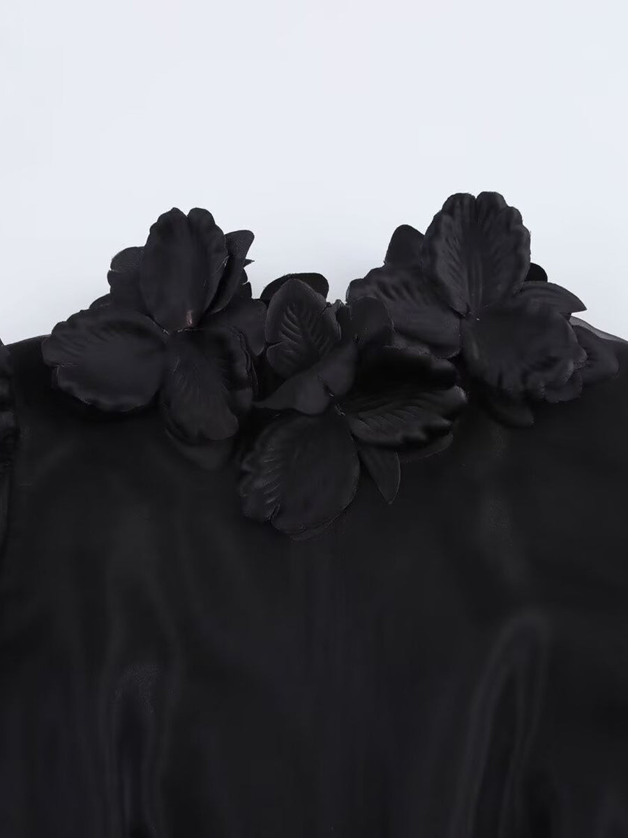 3D Flower Bubble Sleeve Hem Printed Dress