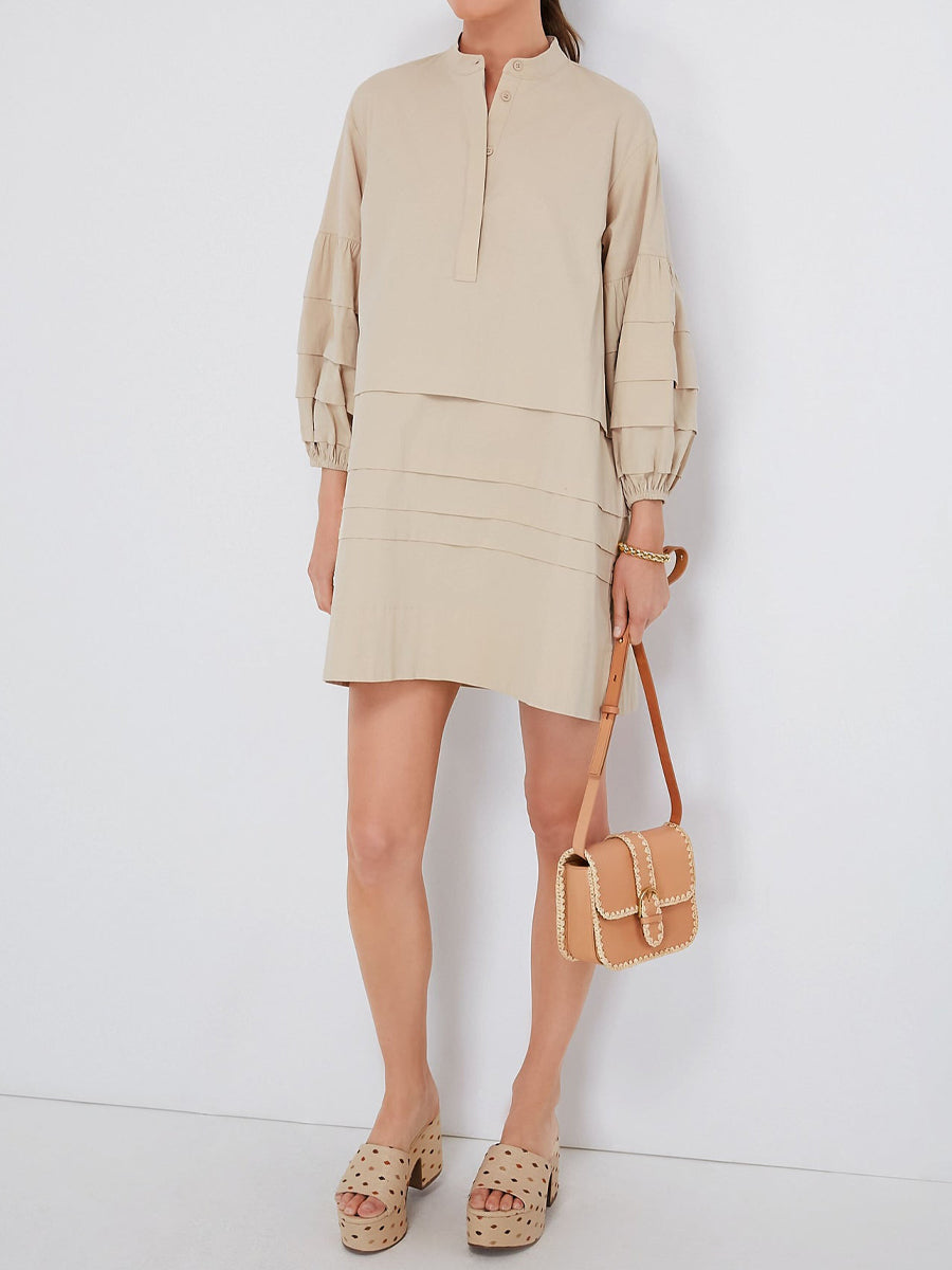Band Collar Pleated Tiered Skirt Mini Dress