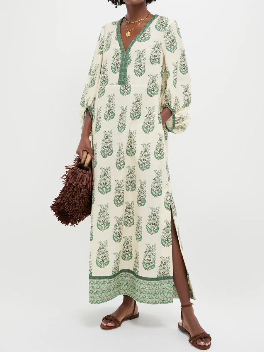 Printed V Neck Balloon Sleeves Dress