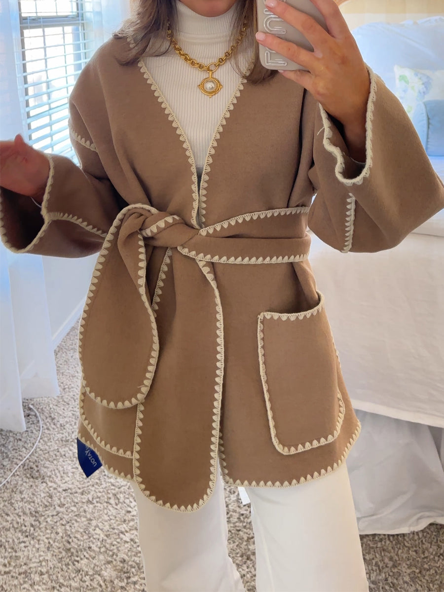 V Neck Lace Up Oversized Winter Wool Cardigan