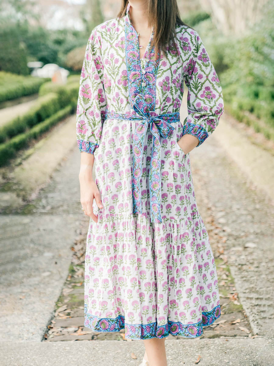 Printed Three-quarter Sleeve Button Up Dress