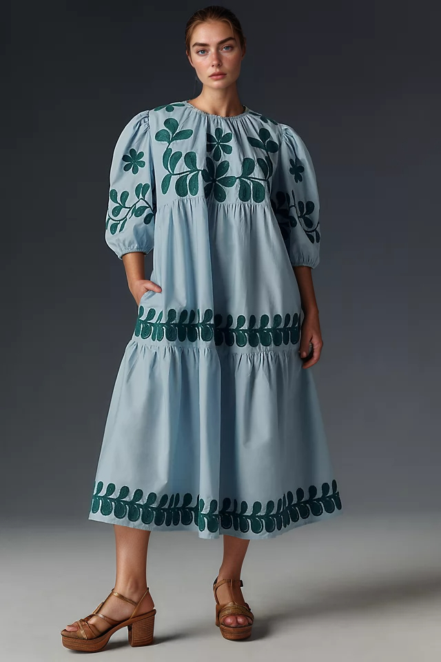 Chic Puff Sleeve Casual Midi Dress