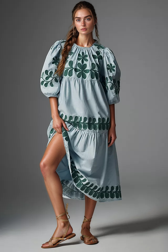 Chic Puff Sleeve Casual Midi Dress