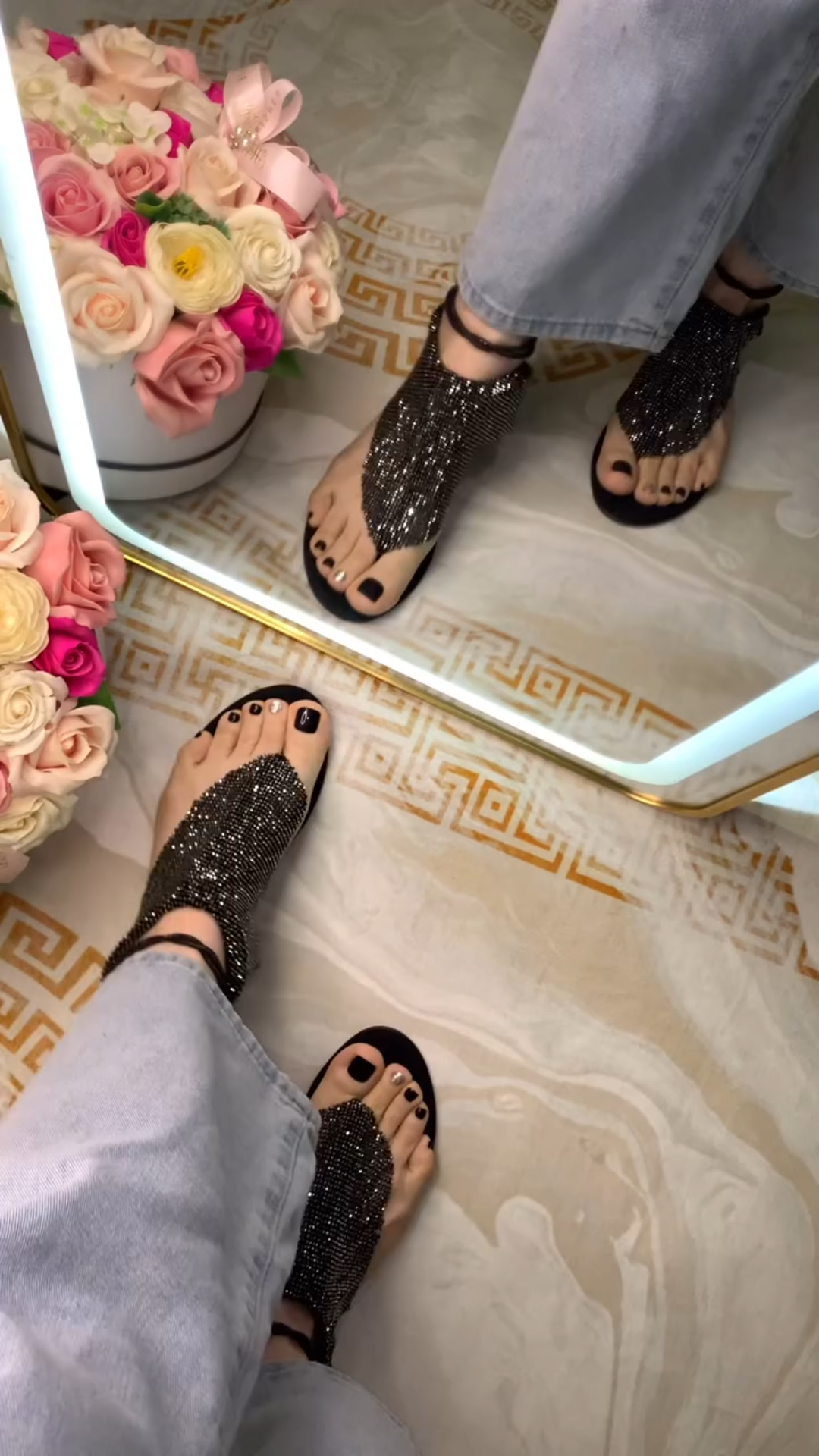Black rhinestone flat sandals