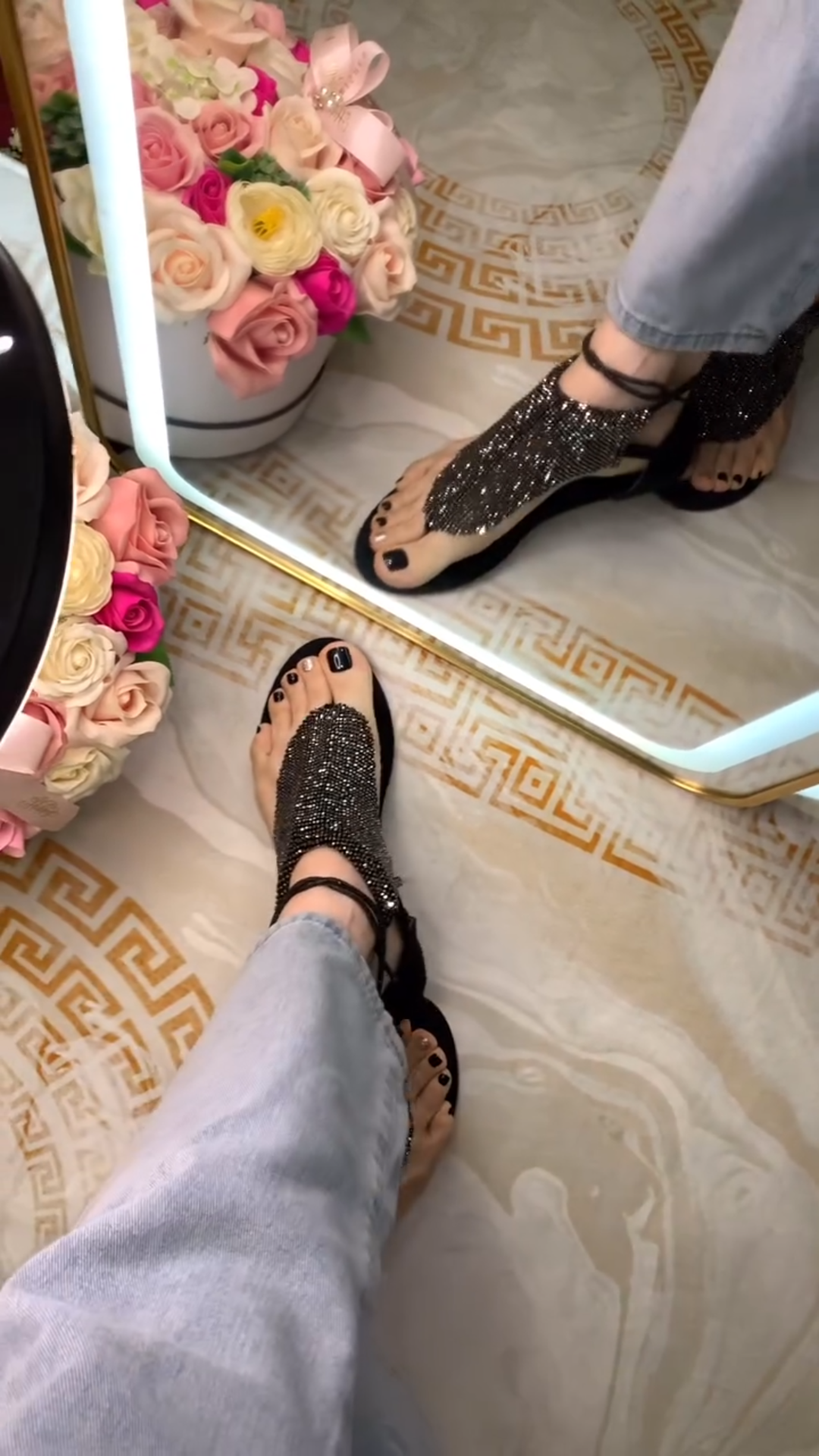 Black rhinestone flat sandals
