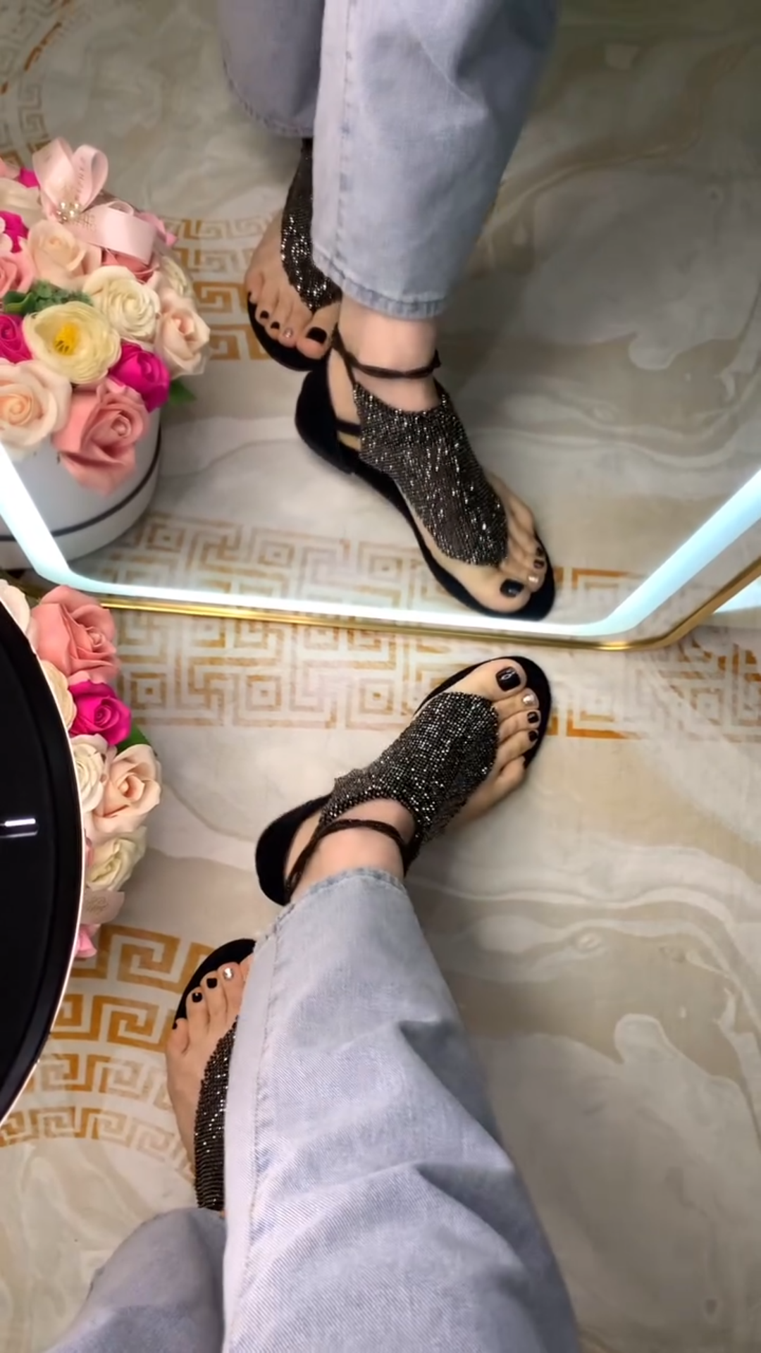 Black rhinestone flat sandals