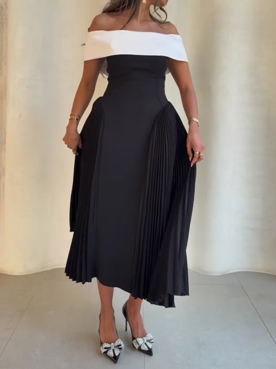 Off Shoulder Patchwork Pleated Dress