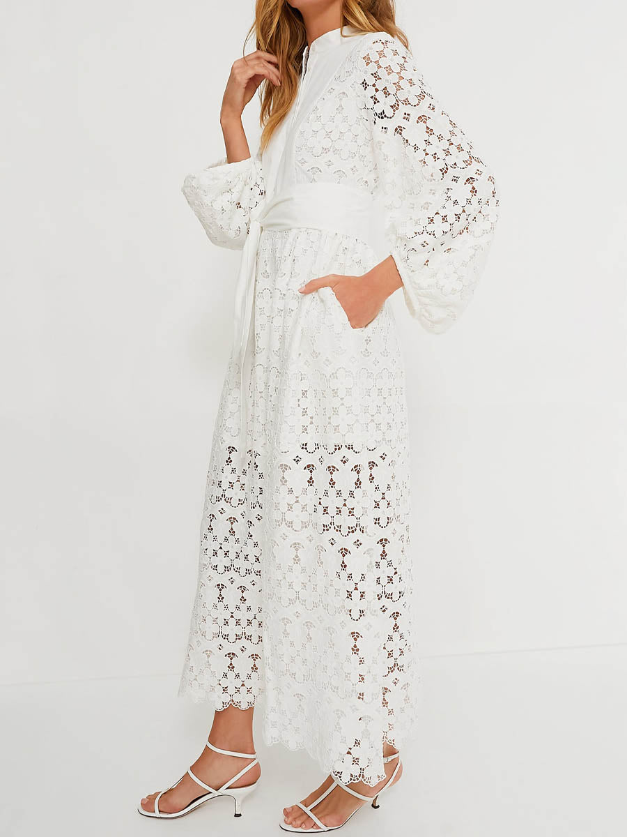 Lace Patchwork Puff Sleeve Belted Maxi Dress
