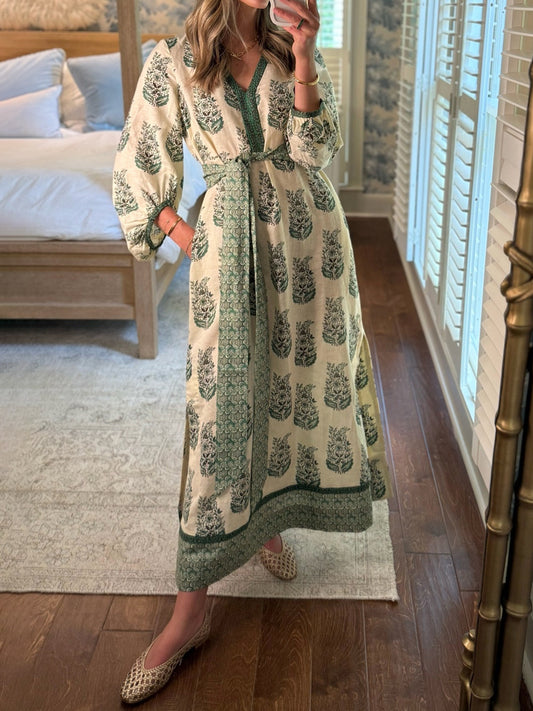 Printed V Neck Balloon Sleeves Dress