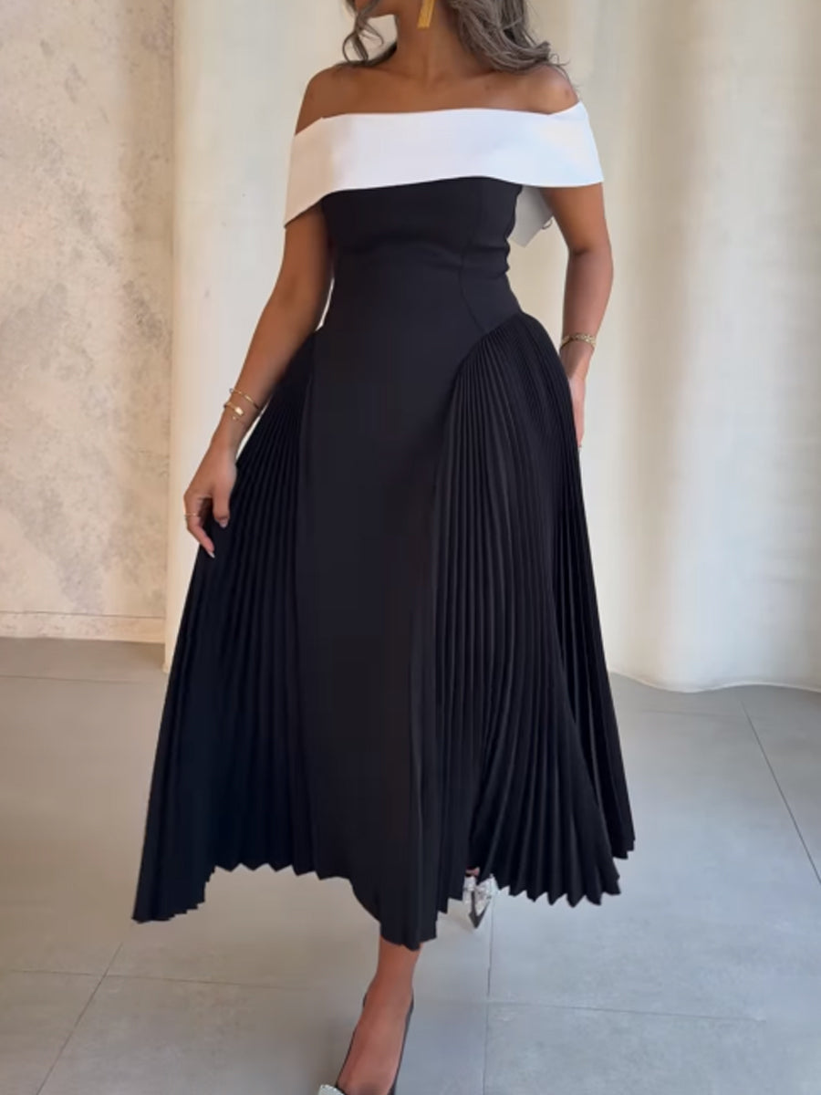 Off Shoulder Patchwork Pleated Dress