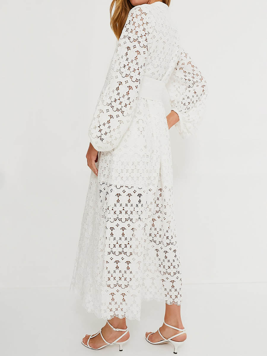 Lace Patchwork Puff Sleeve Belted Maxi Dress