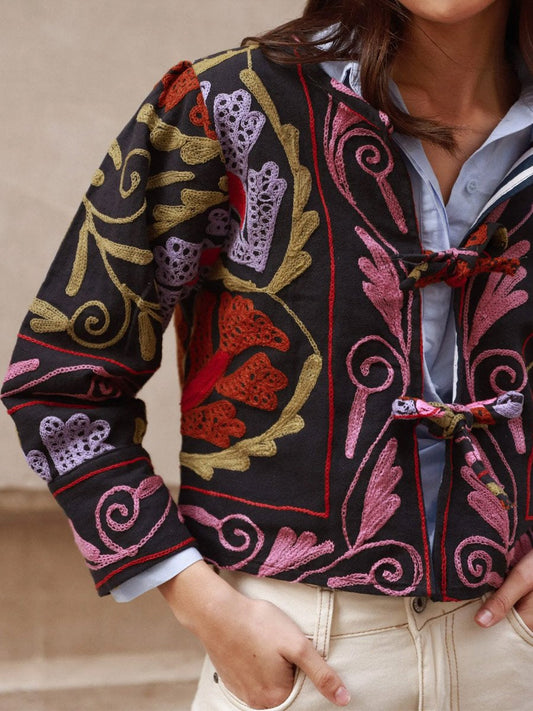 Embroidered Printed Tie Up Jacket